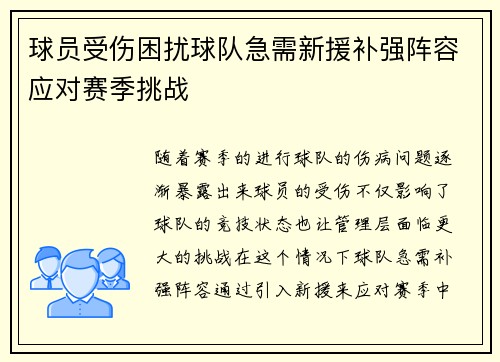 球员受伤困扰球队急需新援补强阵容应对赛季挑战