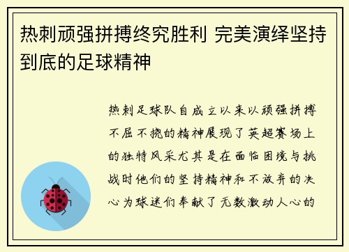 热刺顽强拼搏终究胜利 完美演绎坚持到底的足球精神